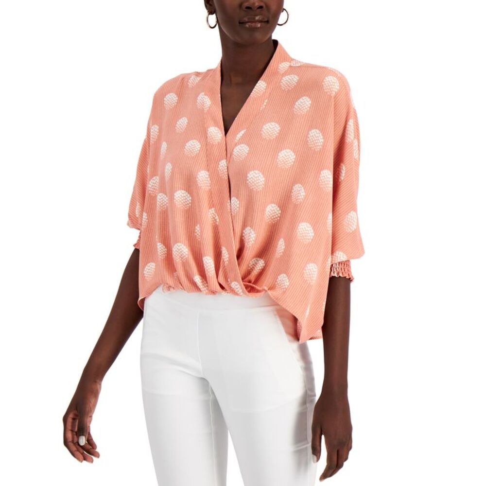 Alfani Faux Wrap Smocked Cuff Top